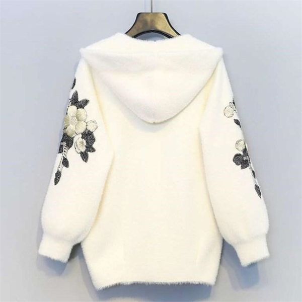 

women autumn winter thicken warm faux mink cashmere hooded cardigan female embroidery loose casual knitted sweater 210427, Black