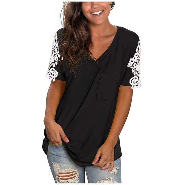 

women's t-shirt harajuku patchwork lace t shirt solid plus size short sleeve v-neck summer loose casual tee ropa mujer, White