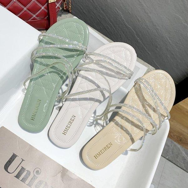 

slippers women's for the summer flat sandals bling crystal shoes woman beach casual terlik, Black