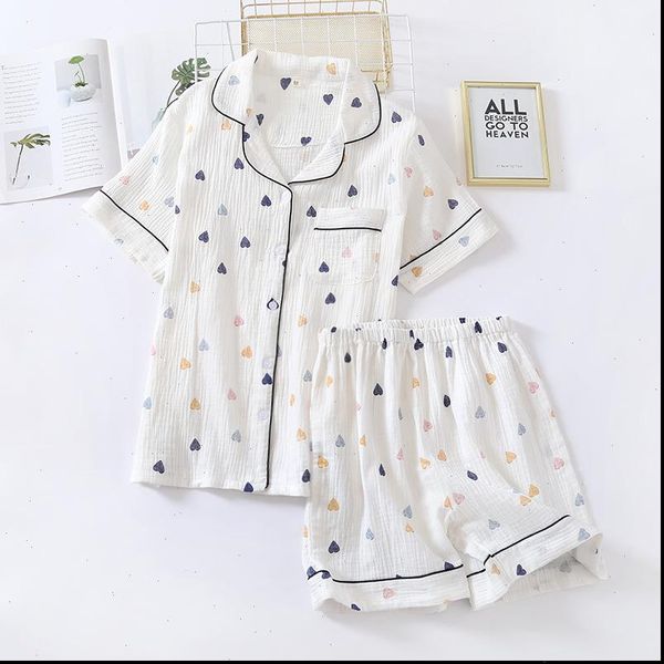 

japanese summer cotton gauze short women sleepwear sleeve shorts pajamas suit cute heart shaped thin section home service woman, Black;red