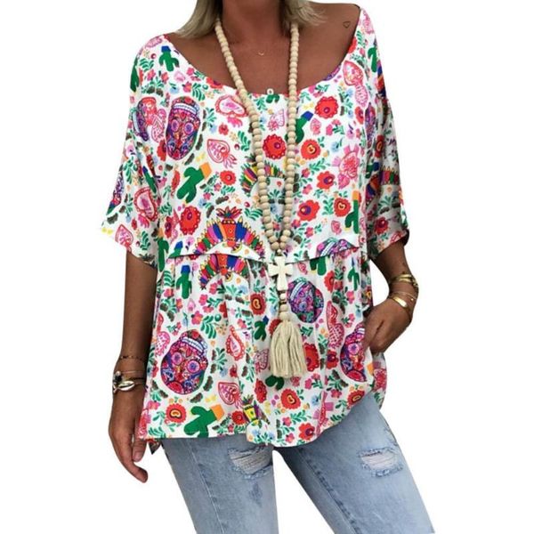 

women's t-shirt women t-shirts plus size casual flower print 3/4 sleeve round neck loose clothing 2021, White