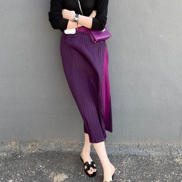 

skirts purple skirt autumn and winter mid long two color split pleated korean casual fashion versatile a-line, Black