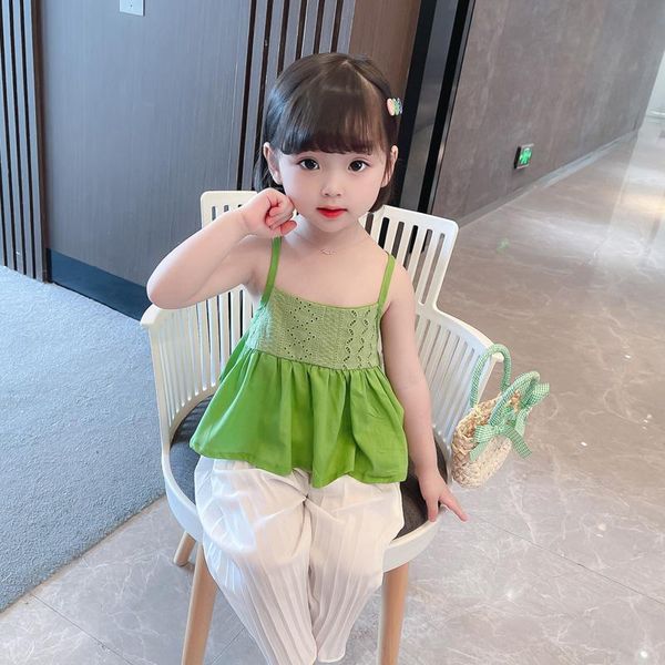

clothing sets young girls small fresh green suspenders set children summer fashion hollowed-out coat white pleated thin anti-mosquito trouse