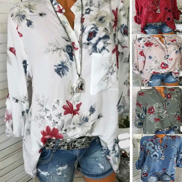 

women's blouses & shirts women floral print chiffon blouse long sleeve v-neck shirt female printed loose pocket harajuku, White