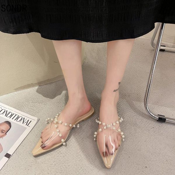 

slippers 2021 women pearl pointed low heel half spring summer fashion outdoor casual beach slides sandals mules, Black