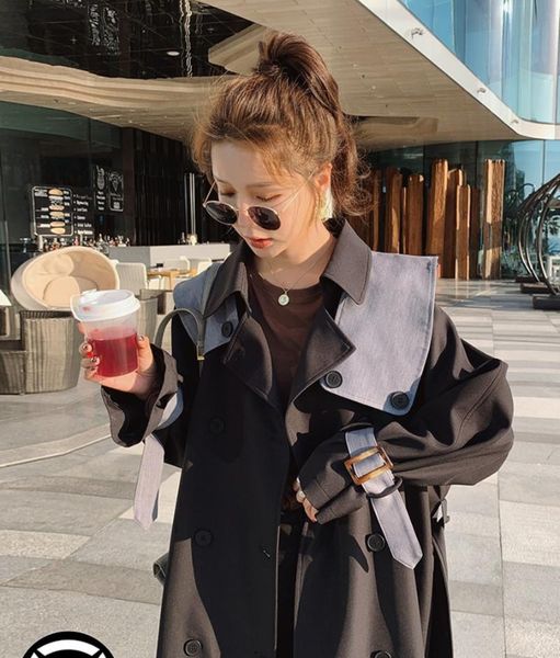 

women's trench coats street loose black windbreaker mid-length style 2021 spring autumn navy collar fashion temperament coat women, Tan;black