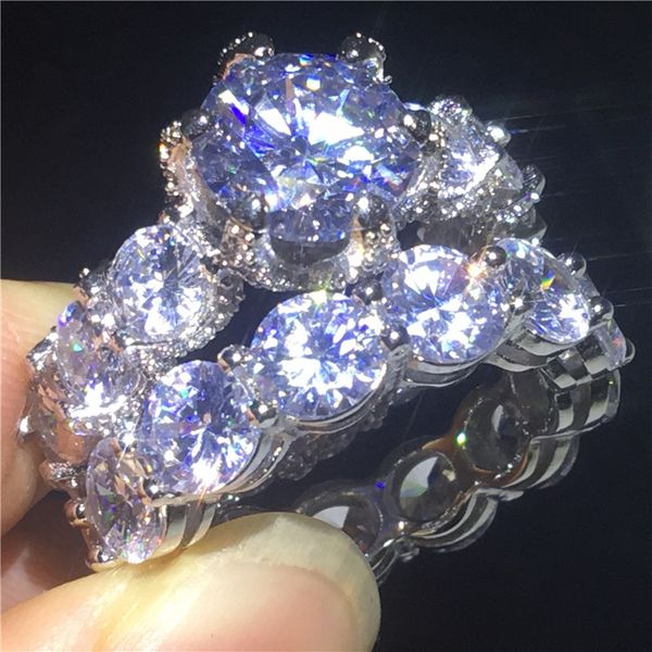 

lovers vintage ring set 3ct diamond 925 sterling silver engagement wedding band ring for women men luxury jewelry gift, Slivery;golden