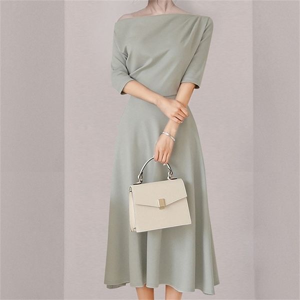 

spring solid color elegant party dress slash neck half bat sleeve simple oversized loose hem women's dresses 210603, Black;gray