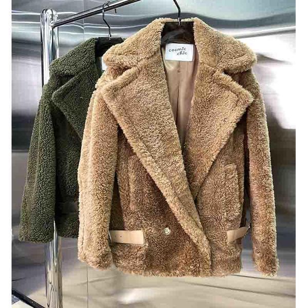 

women's jackets cosmicchic 2021 autumn winter camelwool coat women short teddy bear coats female thick loose warm outwear brown and dar, Black;brown