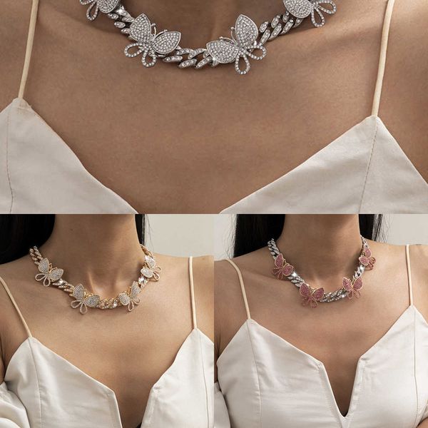 

women's butterfly cuban chain necklace, hip hop jewelry set, gold and silver q0809