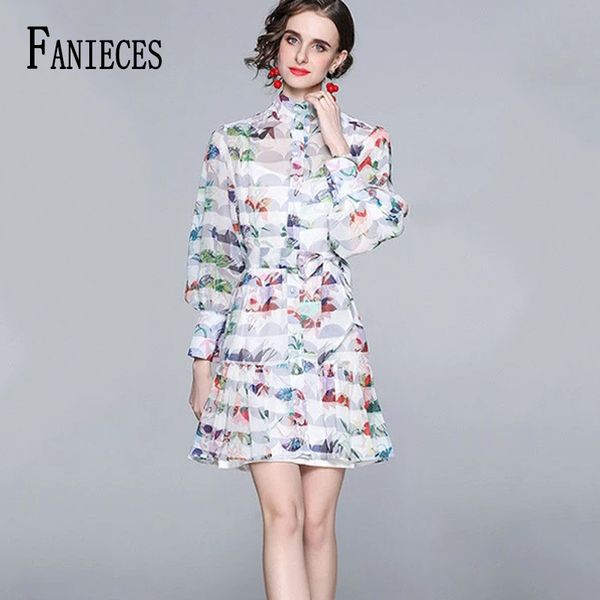 

fall print runway dress fishtail es ribbon tie neck lantern sleeve women party casual holiday mini with belt 210520, Black;gray