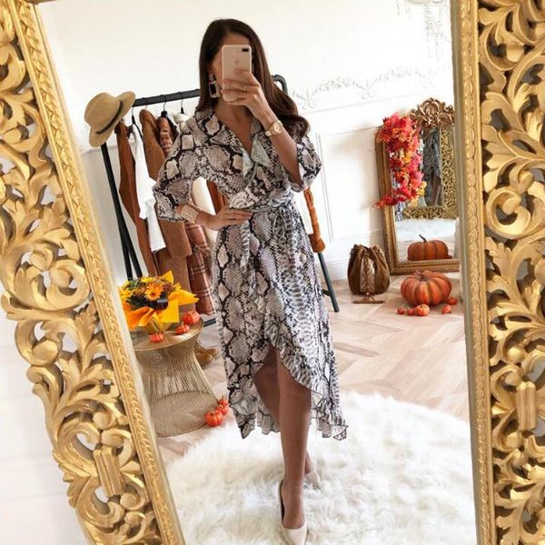 

casual dresses 2021 women autumn long dress v neck sleeve snakeskin print ruffle split party maxi boho beachwear, Black;gray