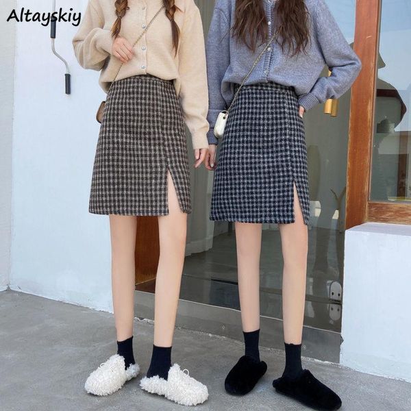 

skirts women side-slit plaid oversized casual all-match knee-length large size 4xl empire simple college ulzzang lady autumn ins, Black