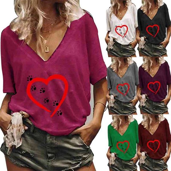 Estate a maniche corte Amore Stampa personalizzata Top con scollo a V T-shirt casual Allentata Cute Paw Print Pullover Donna Magliette 210517