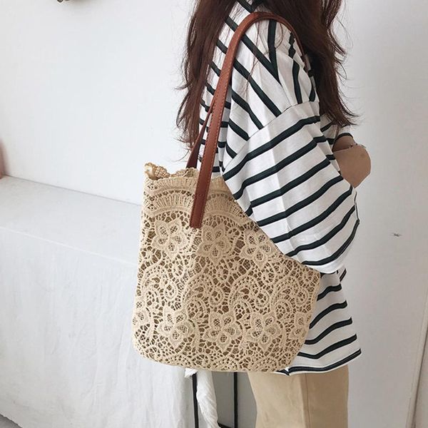 

evening bags lace shoulder bag for women 2021 summer large capacity foldable beach elegant lady purse big bucket travel tote handbag