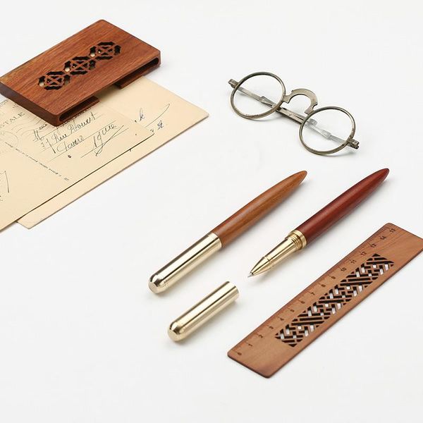 

ballpoint pens 5pcs/lot wood pen brass metal 0.5mm black ink ball for writing stationery office supplies 2002, Blue;orange