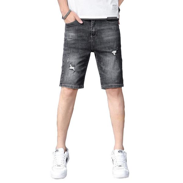 

summer men thin section ripped denim shorts cotton five-point pants stretch slim straight leg trend men's, White;black