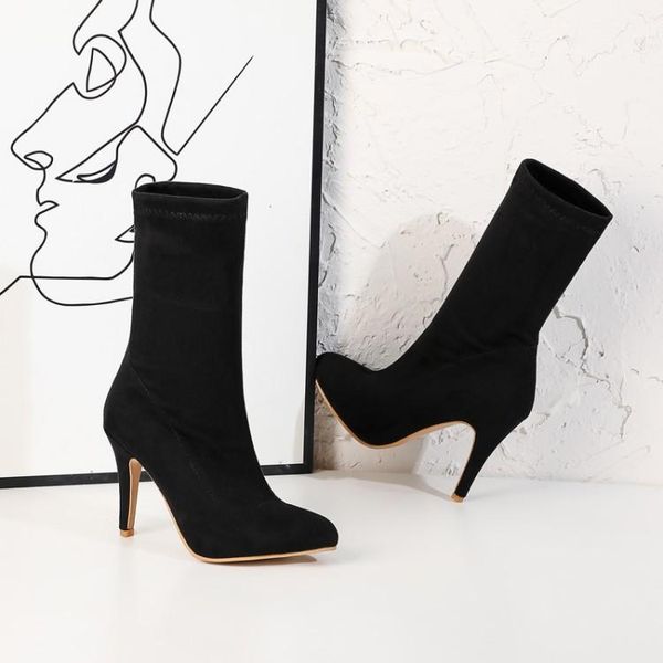 

boots 2021 autumn fashion women solid color pointed toe elastic heels shoes winter female socks wholesale, Black