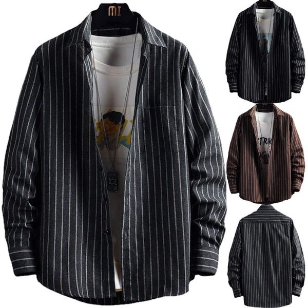 

men's casual shirts 2021 autumn spring mens outerwear long sleeve lapel sanding striped male button business leisure, White;black