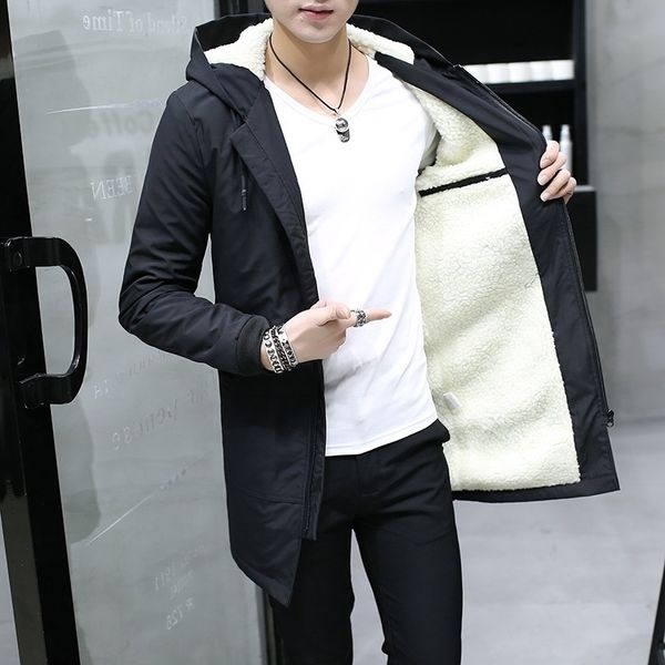 Мужская ветровка длиной Parka с капюшоном Корейский теплый аноракский пальто мужской хлопок мужской одежды меховой флис мужская зимняя куртка 210518