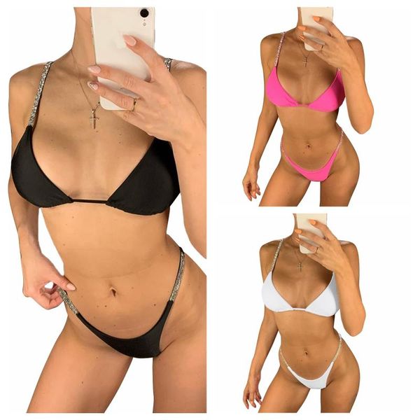 

women's swimwear sequins deep v-neck two piece women split beach swimsuit set with padded bikini elastic waist panties for summer, White;black