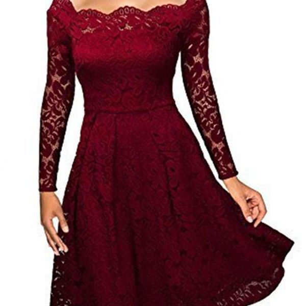 

women's casual high-quality dresses temperament elegant boutique lace off the shoulder big swing dress, Black;gray