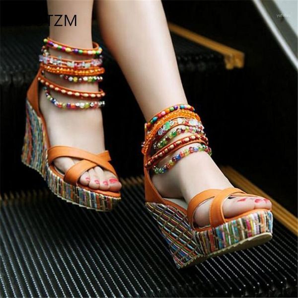 

sandals agutzm woman wedge with high heel pumps bohemian style handmade beaded fashion women shoes large size ladies sandals 2661 13jv, Black
