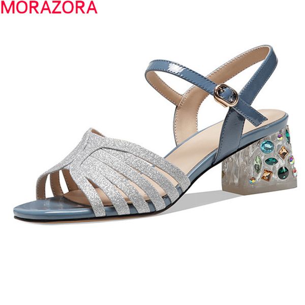 

morazora big size 34-42 women sandals patent genuine leather gladiator sandals thick heels square toe summer party shoes 210506, Black