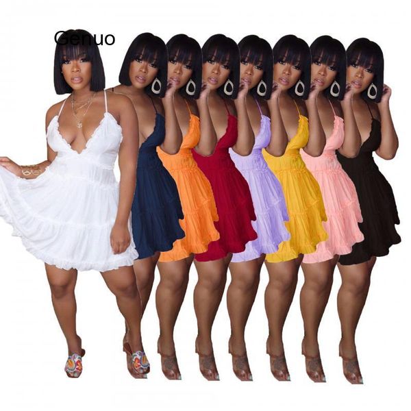 

colors deep v neck spaghetti strap ruffles summer dress women solid backless pleated mini swing casual dresses, Black;gray