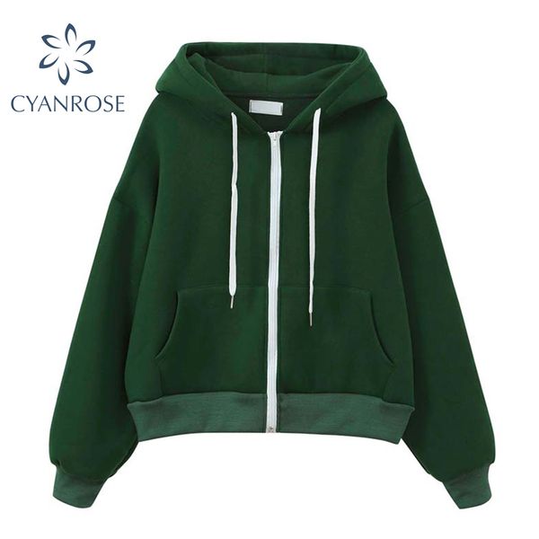 

zip-up drawstring hooded sweatshirt women spring streetwear loose casual korean sportswear pocket hoodies tracksuit coat 210417, White
