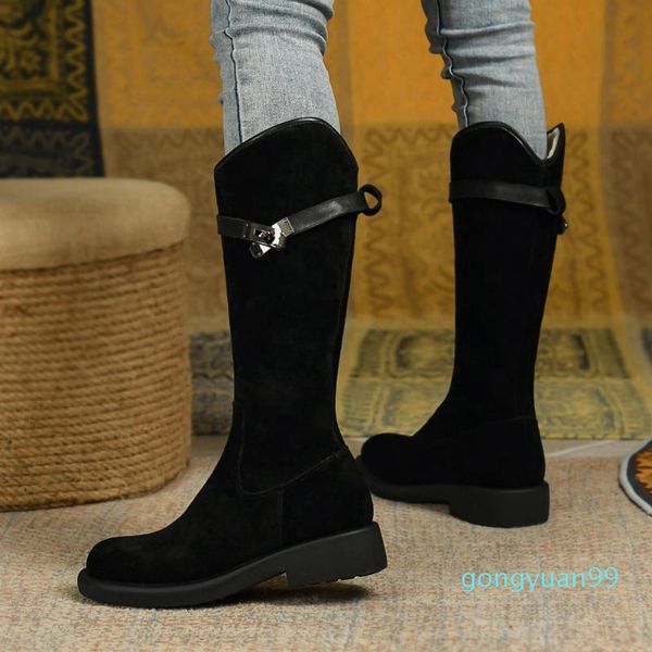 

boots fashion women shoes female snow warm comfy cow suede slip-on solid low heel with buckle winter dress, Black