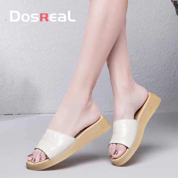 

slippers dosreal women leather shoes comfy flat platform summer ladies casual slip on wedge slides soft big toe foot correction sandals, Black