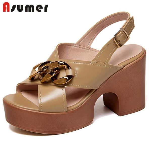 

dress shoes asumer genuine leather sandals ladies high heels platform chain buckle fashion cool casual woman, Black