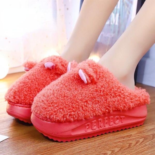 

slippers women winter house slipper size 41 cartoon small ear indoor bedroom home cotton shoes non-slip soft warm floor casual, Black