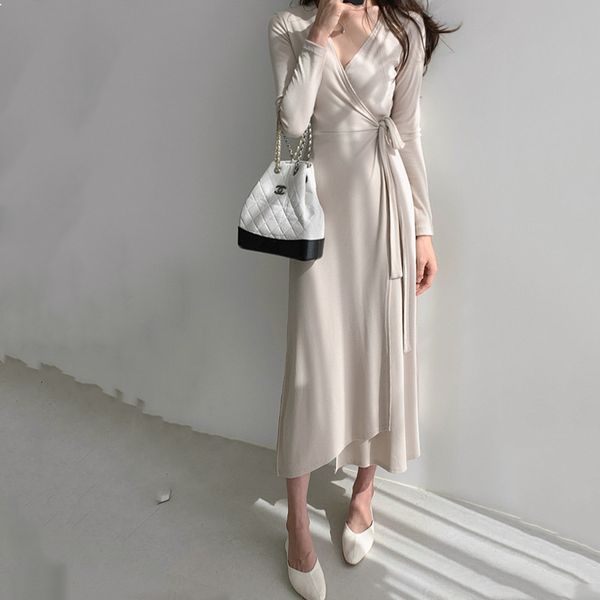 

casual dresses v-neck front split party elegant solid color close-fitting cross-tie dress qpl9, Black;gray