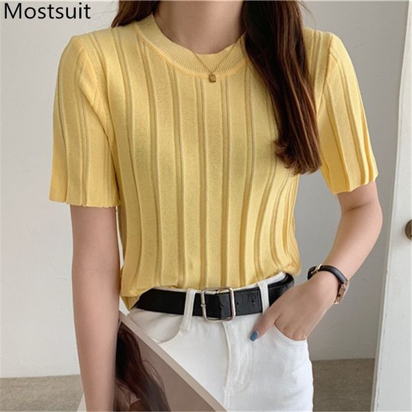 

summer knitted crop pullover women short sleeve o-neck knitwear sweater fashion ladies jumpers femme 210514, White