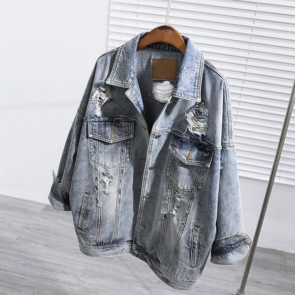 

women's jackets harajuku vintage blue denim jacket women mid-length hole outerwear spring autumn loose casual long sleeve jean female, Black;brown