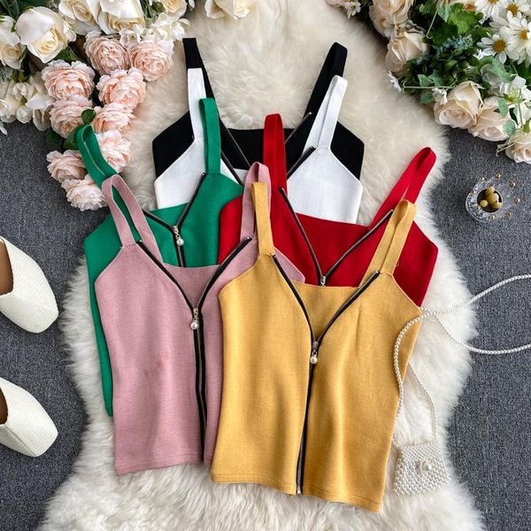 

women's tanks & camis zosol knitwear camisole 2021 style zipper v-neck western short fashion outer wear, White