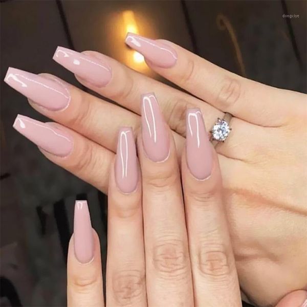

20pcs nude color glossy full cover fake nails wearable long ballerina press on coffin art tips false with glue design nail1, Red;gold