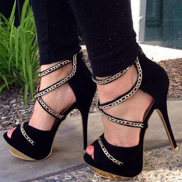 

handmade ladies stiletto high heels sandals cross chains deco platform faxu kid-suede leather peep-toe evening party prom fashion summer sho, Black