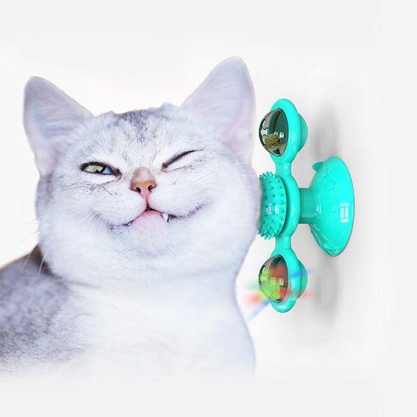 

cat toys led light catnip self grooming brush with spinning windmill suction to wall massage comb funny