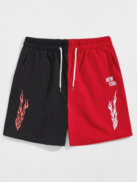

romwe guys colorblock fire & letter graphic shorts k6xj#, Black