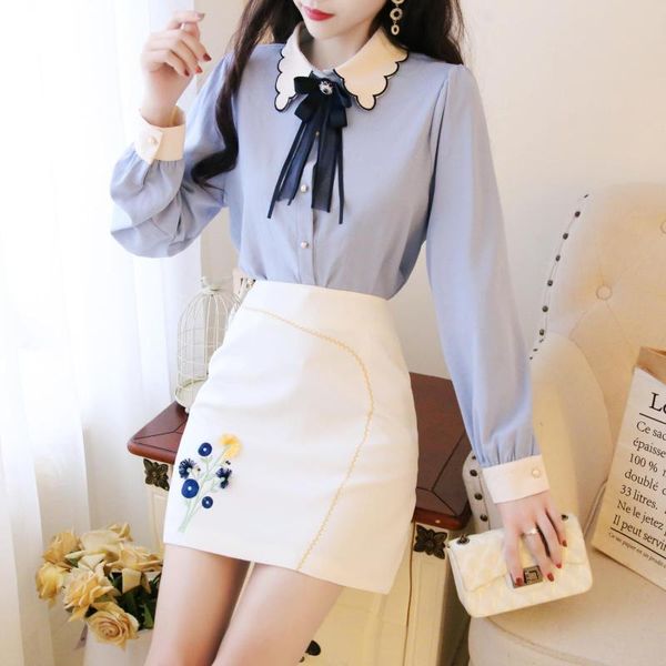 

spring chiffon blouse fairy long-sleeved shirt & embroidered skirt suits women college wind vestido 2 pcs clothing set women's two piec, White