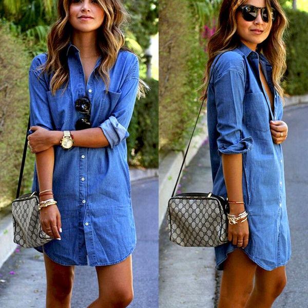 

fashion womens denim dress button pocket soild summer long sleeve casual loose mini shirt dresses, Black;gray
