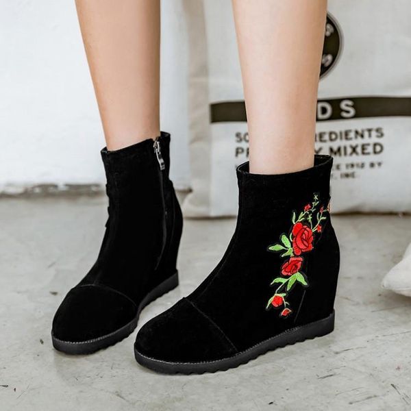 

boots pxelena design embroider floral women ankle round toe flock height increasing high heels short female shoes 34-43 shtm, Black