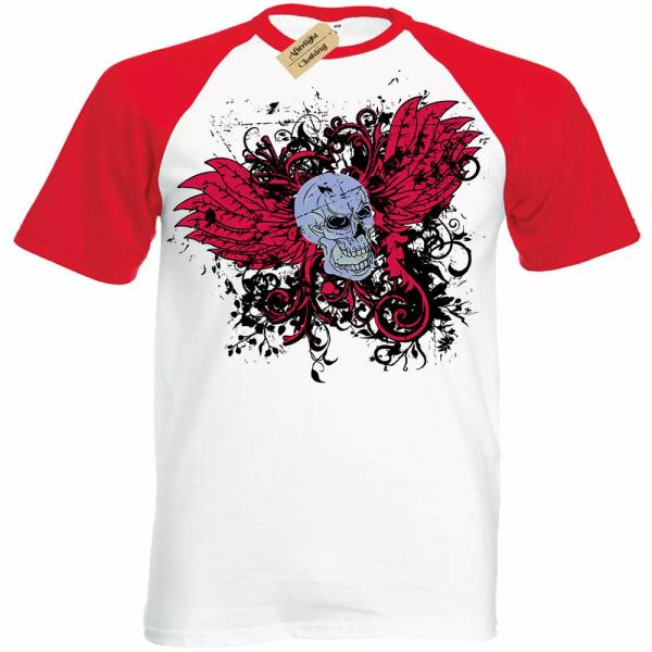 

calavera alas motero gÃ³tico rock punk camiseta manga corta bÃ©isbol, White;black