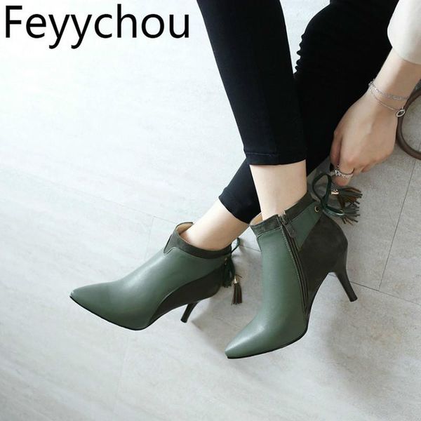

boots women high heel warm mixed-colors pointed toe zip ankle fringe 2021 fashion casual black green size34-46