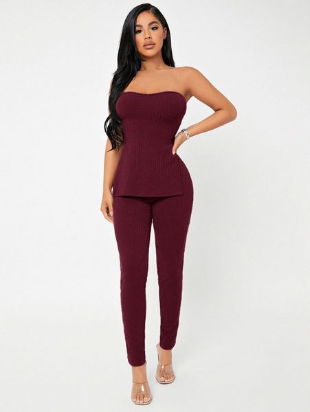 

sxy rib-knit -slit tube & leggings set j2g3#, White