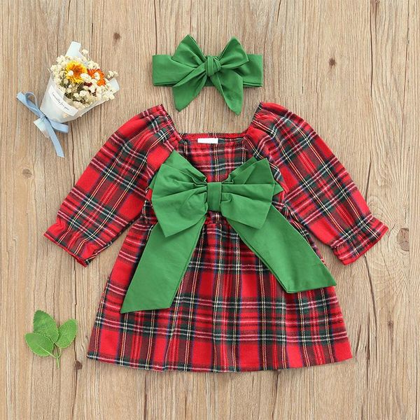 

girl's dresses chrismtas clothing baby girls dress headband long sleeve plaid with large bowknot, Red;yellow