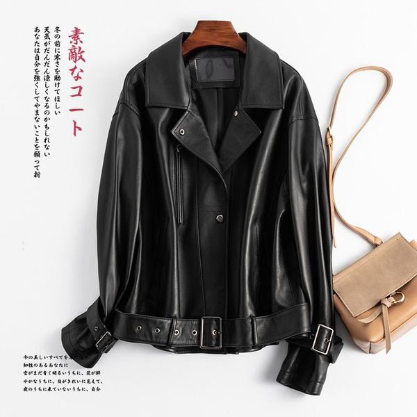 

women's leather & faux 100% genuine jacket women korean sheepskin coat female motorcycle clothes spring autumn 2021 femme veste pph3411, Black